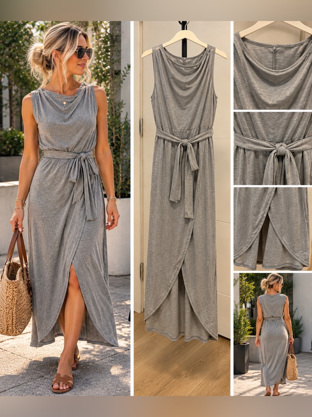 Grey Draped Maxi Dress with Belt & Front Slit